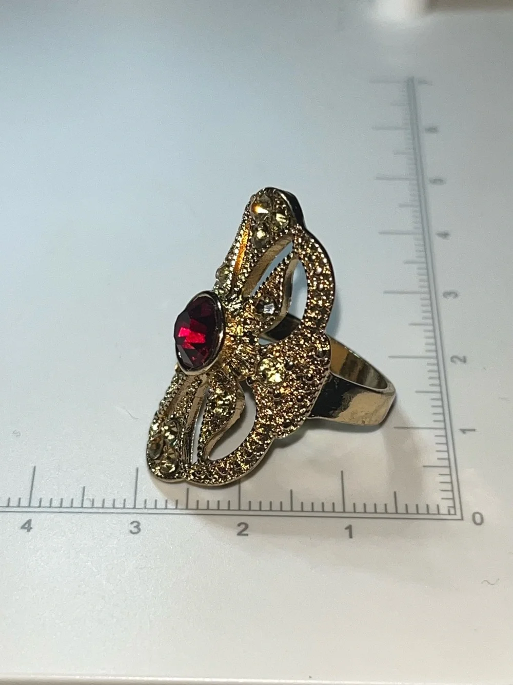 Vintage Gold Tone Statement Ring Red Crystal Rhinestone Cocktail Ring Size 8.25